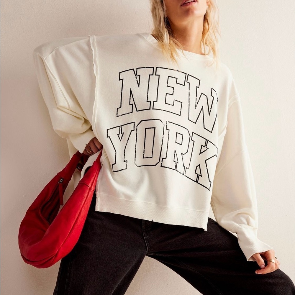 Free People Cream New York Pullover Sweatshirt